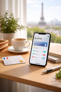 L’image illustre un univers épuré et contemporain associé aux banques numériques en France, mettant en scène un smartphone avec une interface bancaire moderne dans un cadre de travail lumineux.