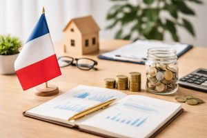 L’image évoque une scène de réflexion et de rigueur, où chaque élément semble placé avec intention. Sur un bureau clair et épuré, la présence du drapeau français donne immédiatement un cadre institutionnel et national, rappelant l’importance du contexte réglementaire dans toute décision financière.