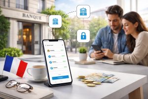 L’image montre un couple français assis à une table moderne, utilisant un smartphone pour gérer ses finances numériques.
