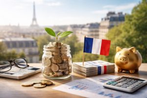 Une image réaliste et minimaliste liée à la finance en France, montrant un bocal en verre rempli de pièces de monnaie avec une petite plante verte qui pousse dessus, à côté d'une pile bien rangée de billets en euros avec un petit drapeau français, une tirelire dorée, des calculatrices et des lunettes sur une table en bois.