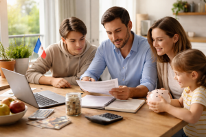 The image portrays a French family gathered around a wooden table in a bright, minimalist home setting, likely a kitchen or dining area.