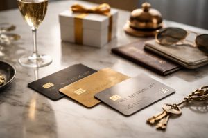 L’image illustre visuellement cette idée à travers une composition minimaliste et réaliste : trois cartes premium aux finitions noir mat, doré et argenté reposent sur une surface en marbre clair.