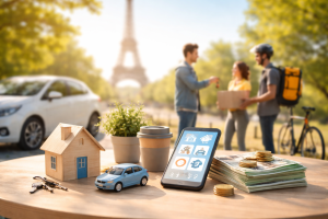 Cena realista e minimalista representando a economia colaborativa na França: sobre uma mesa de madeira aparecem uma pequena casa em miniatura, um carro em miniatura, um smartphone com ícones de compartilhamento na tela, uma pilha de notas e moedas de euro, um copo reutilizável e um pequeno vaso de planta. Ao fundo, desfocado, três pessoas interagem perto da Torre Eiffel — uma pessoa entrega chaves de carro a outra enquanto um ciclista de entregas recebe um pacote — simbolizando serviços entre indivíduos e novas formas de geração de renda relacionadas à dinâmica de finance na economia compartilhada.