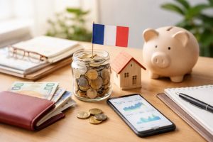 L’image montre une scène épurée et réaliste liée à la gestion de l’argent, avec des pièces, des billets en euros, une tirelire, une petite maison et un smartphone affichant des graphiques.