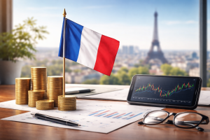 Cena minimalista e realista representando Investissements no contexto francês, com bandeira da França em destaque sobre uma mesa de madeira, cercada por pilhas de moedas douradas, um smartphone exibindo gráfico financeiro, óculos e documentos, enquanto a Torre Eiffel aparece desfocada ao fundo sob luz natural suave.