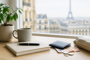 Cena minimalista e realista de uma mesa de madeira com iluminação natural suave, mostrando um caderno, uma caneca, uma planta e uma carteira com notas de euro, com vista desfocada da Torre Eiffel ao fundo, representando hábitos de organização e Finance pessoal na França.