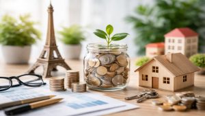 L’image illustre de manière minimaliste le concept d’investissements durables en France, à travers des éléments symboliques comme une plante qui pousse dans des pièces, une ampoule écologique et une maison, avec la Tour Eiffel en arrière-plan, évoquant l’équilibre entre croissance économique et engagement environnemental.