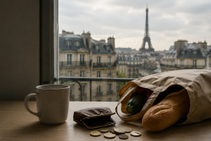 Vue réaliste et minimaliste d’un appartement parisien éclairé par une lumière naturelle douce, avec une femme assise à une petite table en bois regardant des reçus et des courses alimentaires modestes. Par la fenêtre, on aperçoit discrètement des immeubles haussmanniens typiques de Paris sous un ciel gris clair. L’ambiance évoque les défis de la finance personnelle face à l’augmentation du coût de la vie, avec une composition épurée, des couleurs neutres et un équilibre visuel harmonieux.