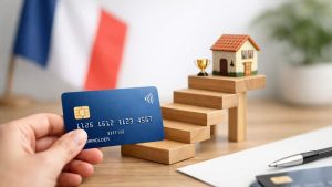 Main tenant une carte bleue devant un escalier en bois avec une maison miniature et un trophée doré.