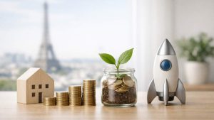 Maison en bois, piles de pièces, plante dans un bocal, fusée jouet, Tour Eiffel floue en arrière-plan.