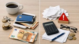 Tasse de café, clés, pièces, billets, cartes, smartphone à gauche ; calculatrice, factures, lunettes, stylo, pièces, alerte à droite.