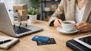 Entrepreneur utilisant une carte de crédit pour gérer les dépenses d’une petite entreprise.