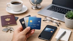 Main tenant trois cartes bancaires devant un bureau avec ordinateur, téléphone, lunettes, café et passeport.