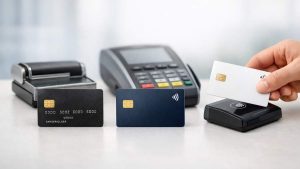Une main effectuant un paiement sans contact avec une carte bancaire blanche sur un petit lecteur. À gauche, deux autres cartes de crédit (une noire et une bleue) sont posées devant un terminal de paiement électronique classique.