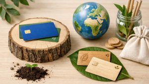 Cartes de crédit écologiques et feuille verte pour évoquer l’impact environnemental des paiements.