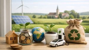 Graphiques et icônes écologiques pour illustrer les tendances des investissements durables.