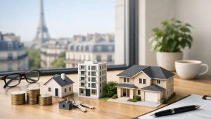 Immeubles résidentiels et calculatrice pour planifier des investissements immobiliers rentables.
