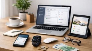 Smartphone et ordinateur affichant des outils numériques pour optimiser la gestion des finances.
