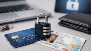Cadenas noir sur carte bancaire bleue et carte d'identité française, ordinateur et portefeuille en arrière-plan.