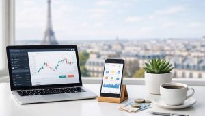 Ordinateur affichant des plateformes d’investissements en ligne avec graphiques financiers.